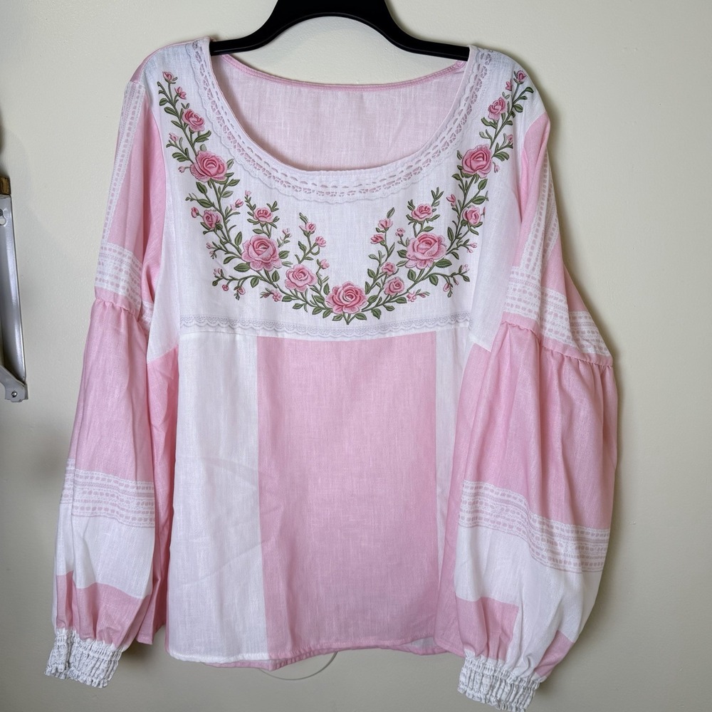 Boho Pink Peasant Blouse Tunic Lace Trim Top 3xl Cotton Shabby Chic